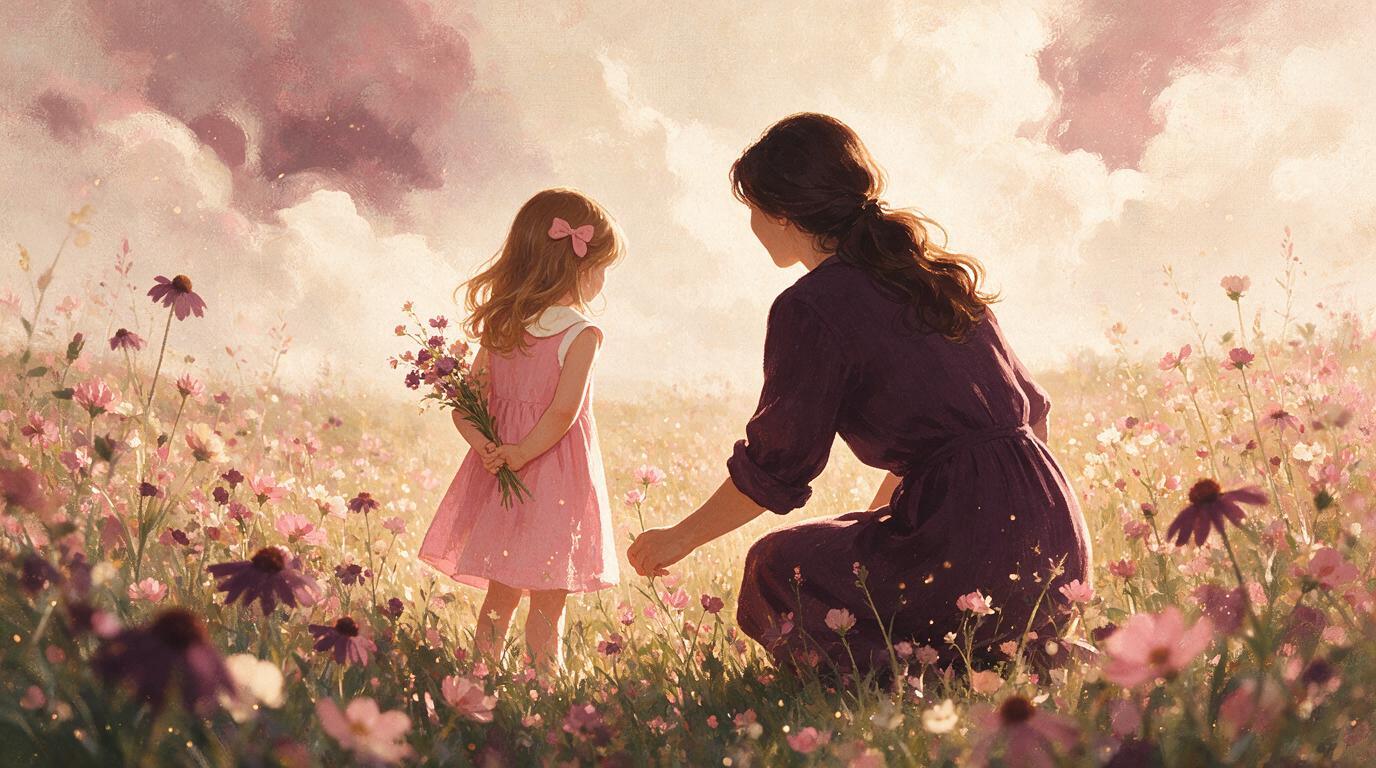 A parent and daughter picking wildflowers together in a meadow